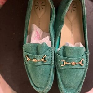 Isaac Mizrahi Teal Moccasins with Gold Accents
